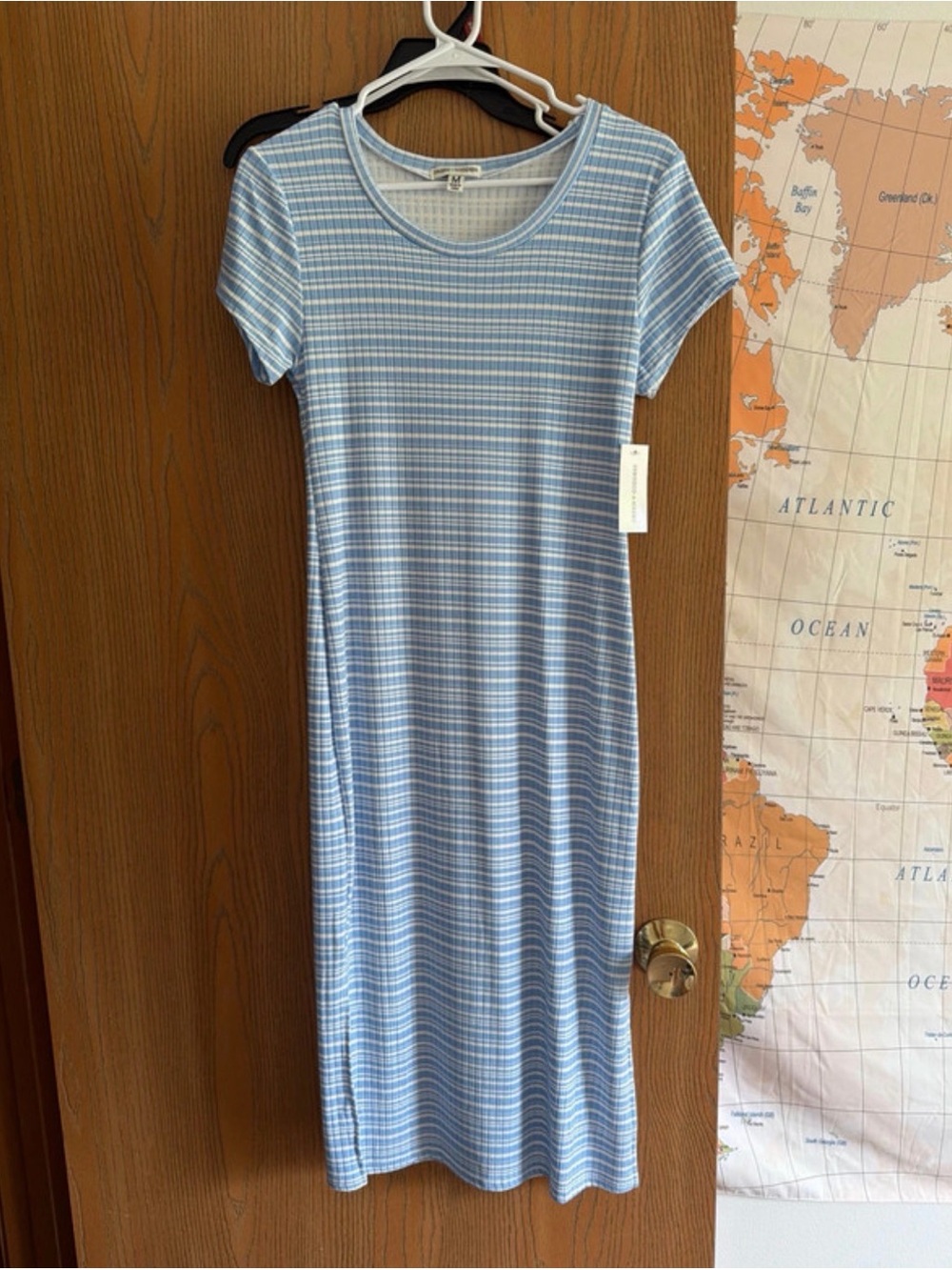 Goddess Light Blue & White Striped Midi Dress
